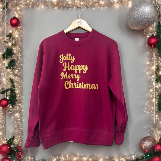 Jolly, Happy, Merry Christmas Sweatshirt Gold Glitter /Burgundy - 2XL