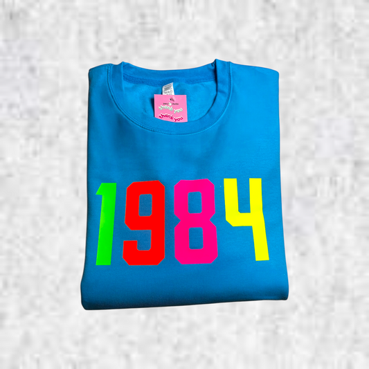 1984 Birth Year Sweatshirt - Neon Mix / Hawaiian Blue - 2XL